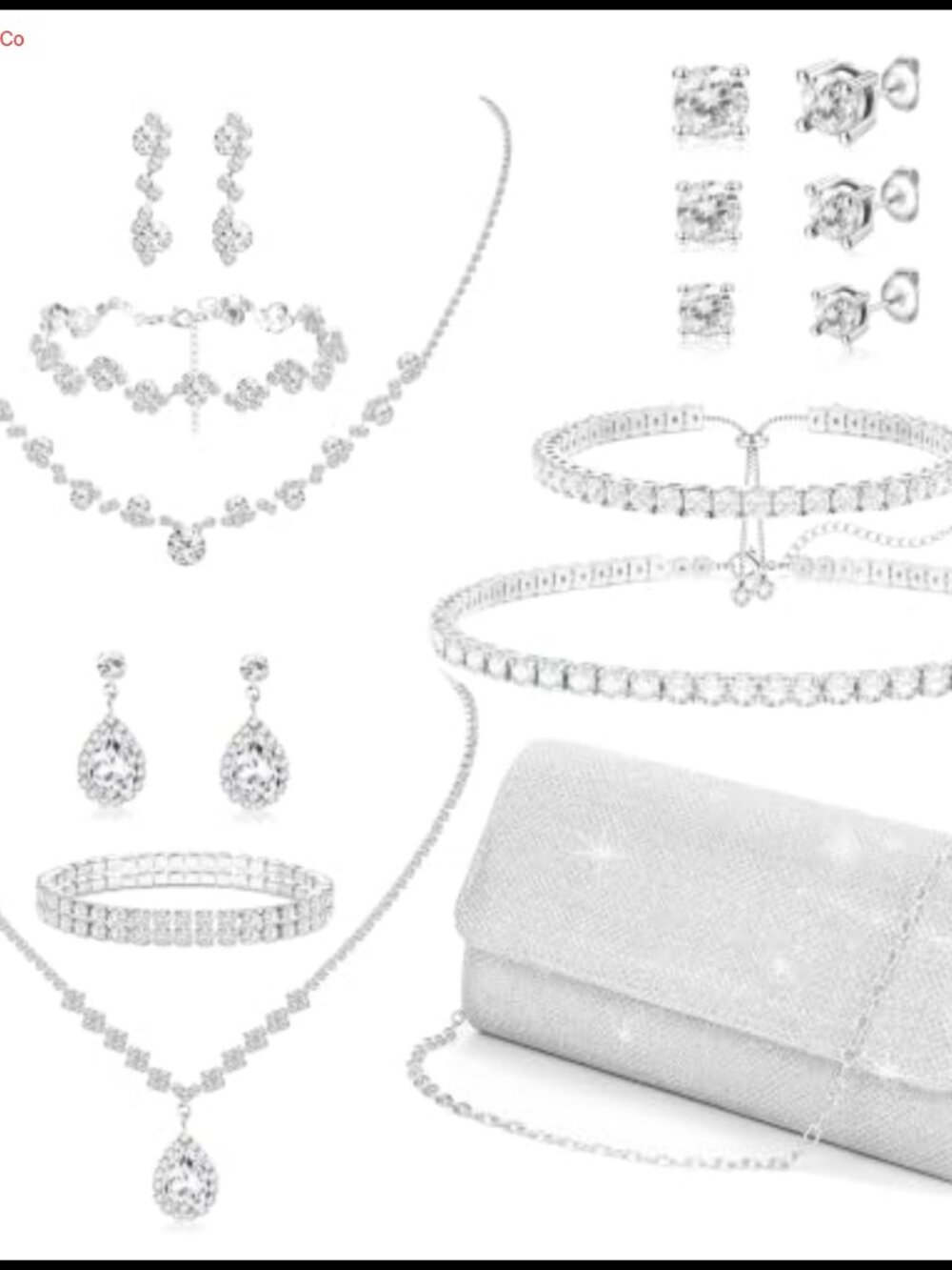 Rhinestone Silver Clutch Purse & Jewelry Set Cubic Zirconia Wedding Prom